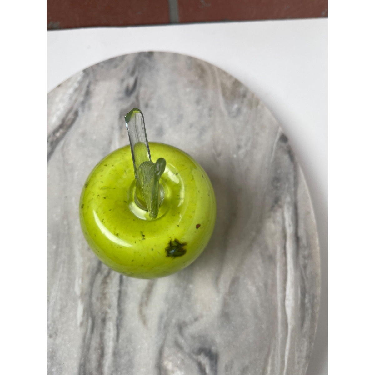 Apple Paperweight Figurine Art Glass Chartreuse Green Speckled MCM
