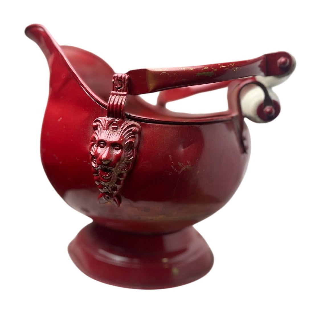 Coal Scuttle Hod Bucket Red Metal Lion Head Delft Ceramic Handle 9X11" VTG