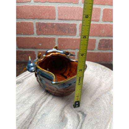 Dolphin Conch Shell Planter Trinket Dish 8" Brown Teal Drip GlZ Repaired VTG MCM