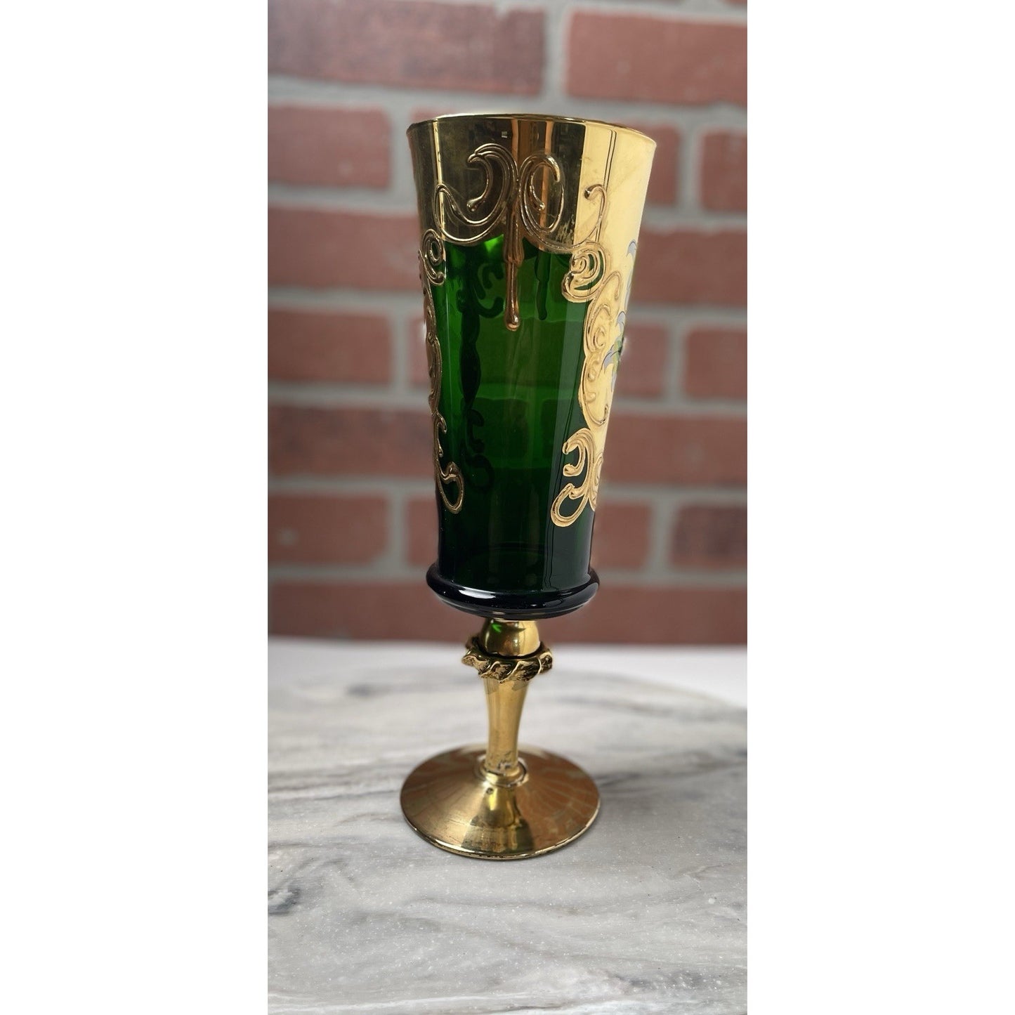 Venetian Murano Glass Champagne Flute Tre Fuochi Emerald Green Gold Gilt