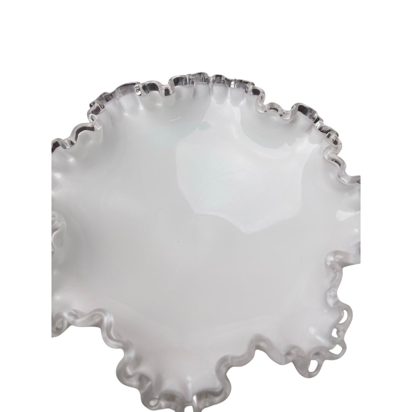 Candy Dish Bowl Fenton Silver Crest Bowl, White Milk Glass Ruffled , Retro VTG