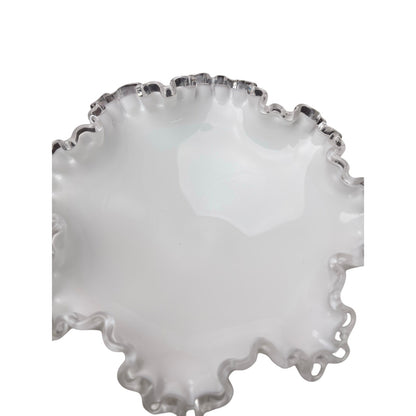 Candy Dish Bowl Fenton Silver Crest Bowl, White Milk Glass Ruffled , Retro VTG