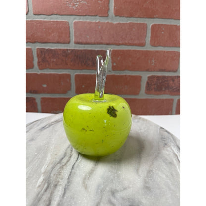 Apple Paperweight Figurine Art Glass Chartreuse Green Speckled MCM