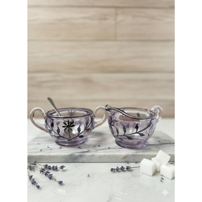 Sugar and Creamer Glass Set Lavender Purple Silver Floral Vintage 1930s MCM