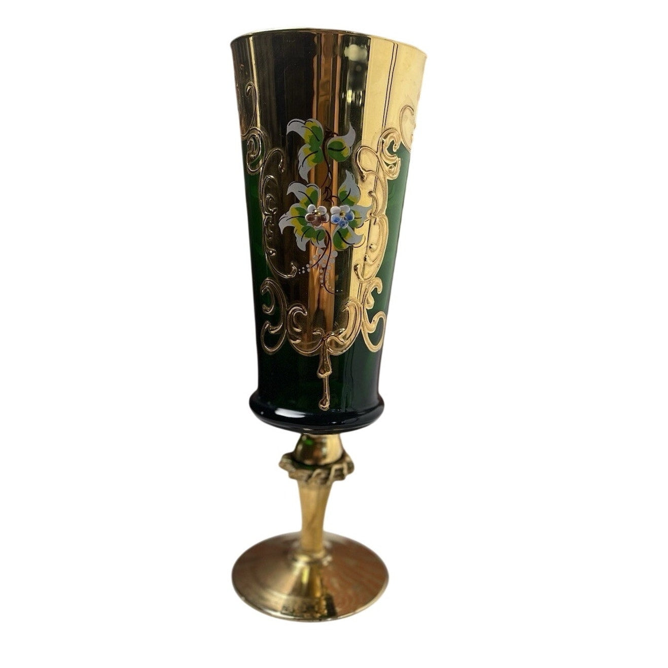 Venetian Murano Glass Champagne Flute Tre Fuochi Emerald Green Gold Gilt