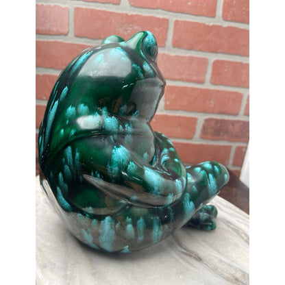 Figurine Frog Statue Large 8" Emerald Green Drip Glaze Ceramic MCM BOHO VTG