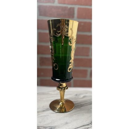 Venetian Murano Glass Champagne Flute Tre Fuochi Emerald Green Gold Gilt