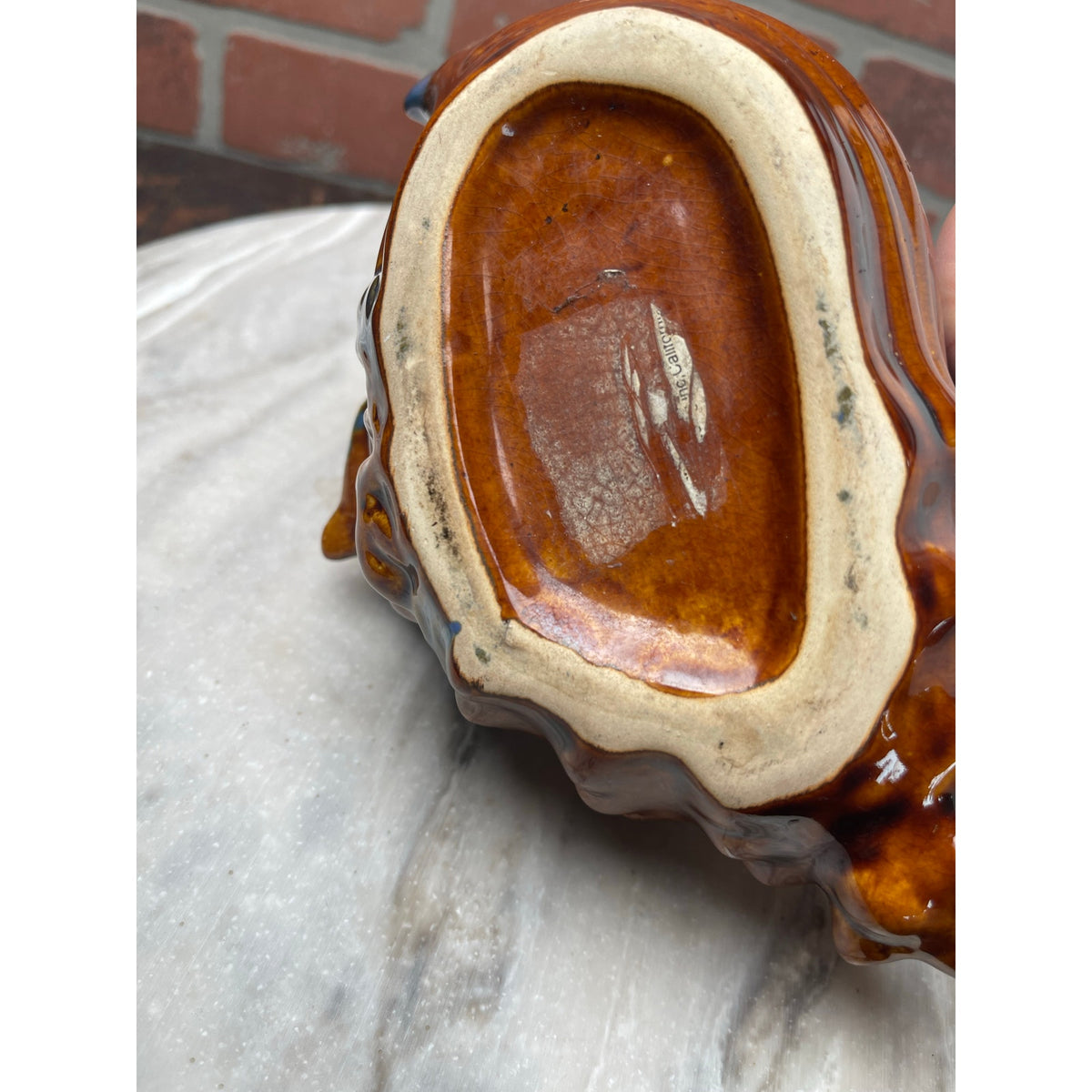 Dolphin Conch Shell Planter Trinket Dish 8" Brown Teal Drip GlZ Repaired VTG MCM