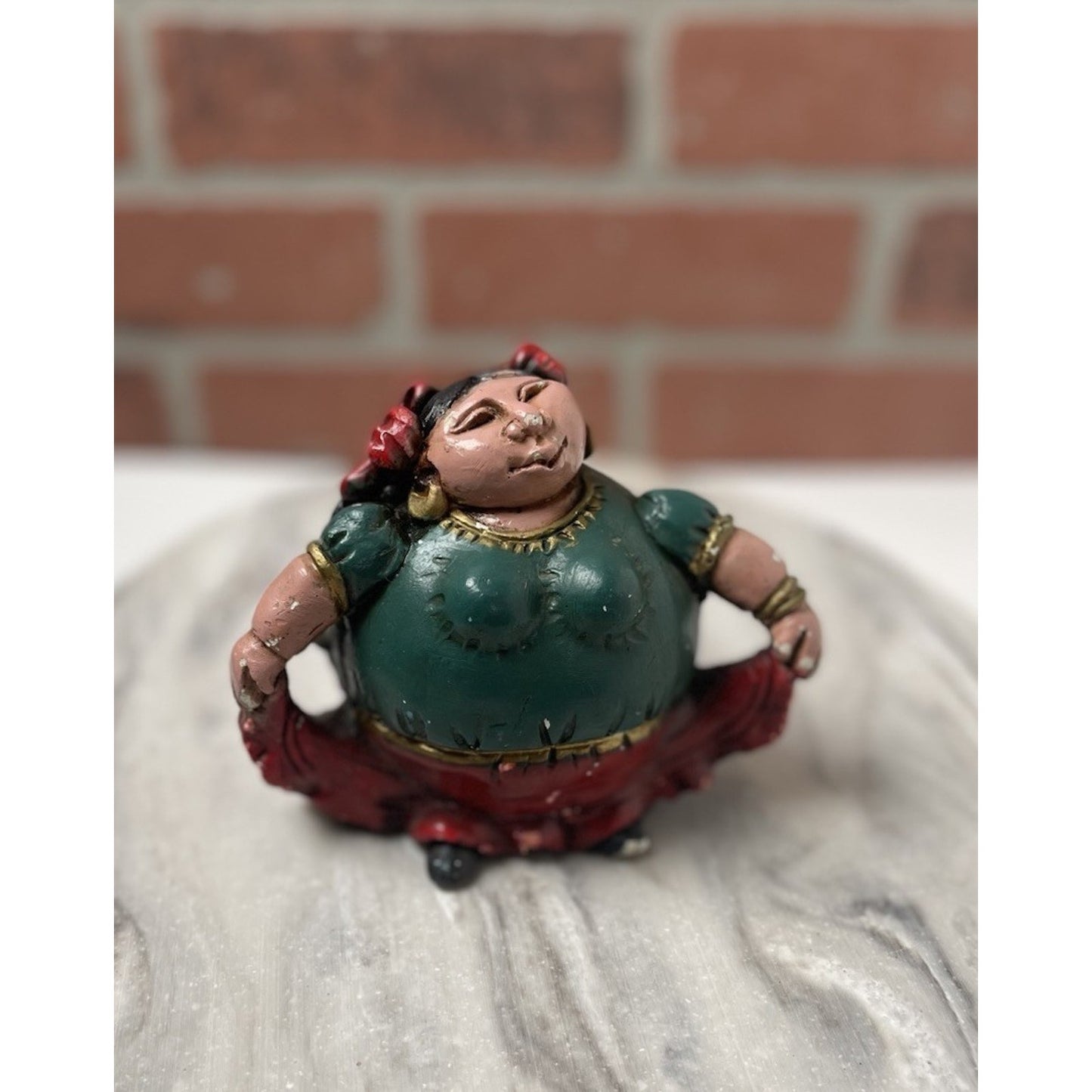 Mexican Gordita Figurine Clay Woman Green Red Dress Folk Art Vintage
