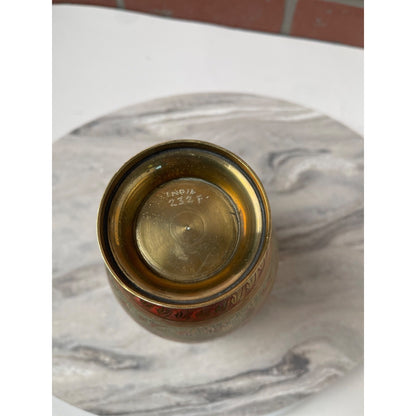 Brass Vase Hand-Etched Enameled Made in India Red Gold Floral Boho Decor VTG