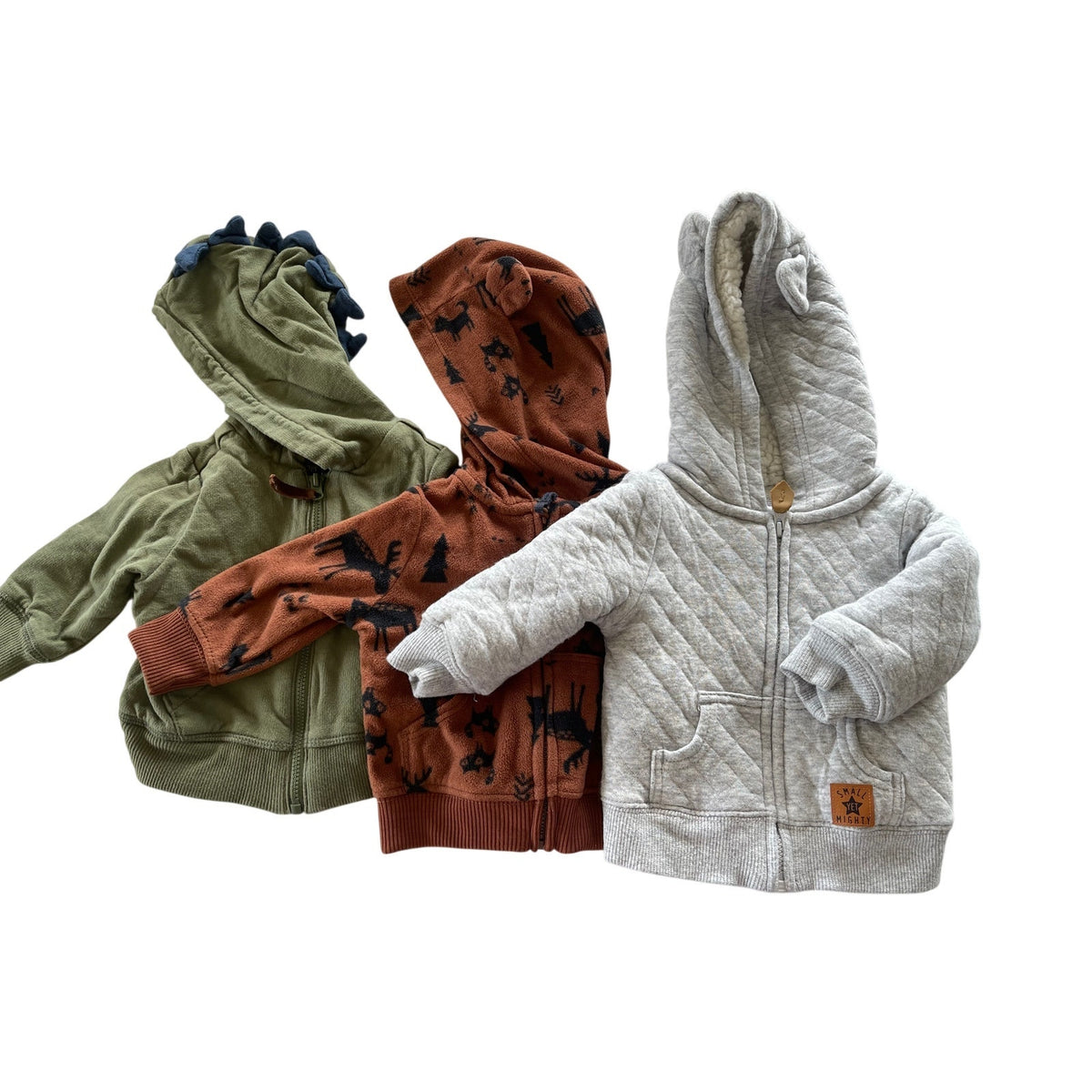 Mac & Moon Carter’s Lot 3 Baby Boy Hoodies Green Dino Quilted Moose 0-3M