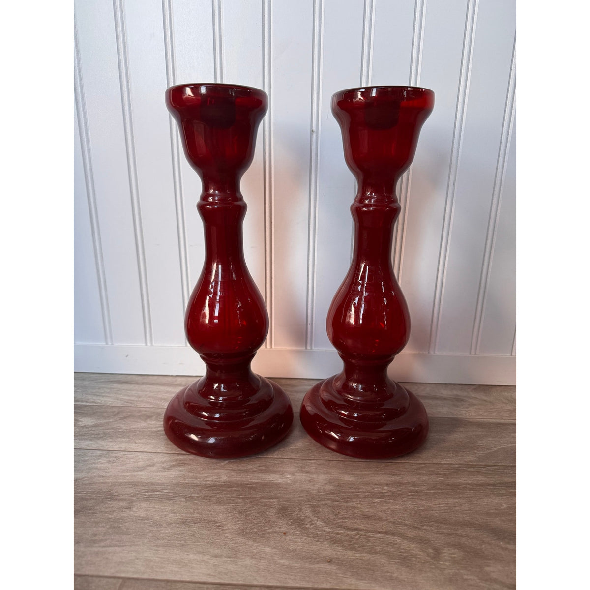 Candle Holder Ruby Red Glass Pillar Set Pedestal Pair 12" Tall Vintage