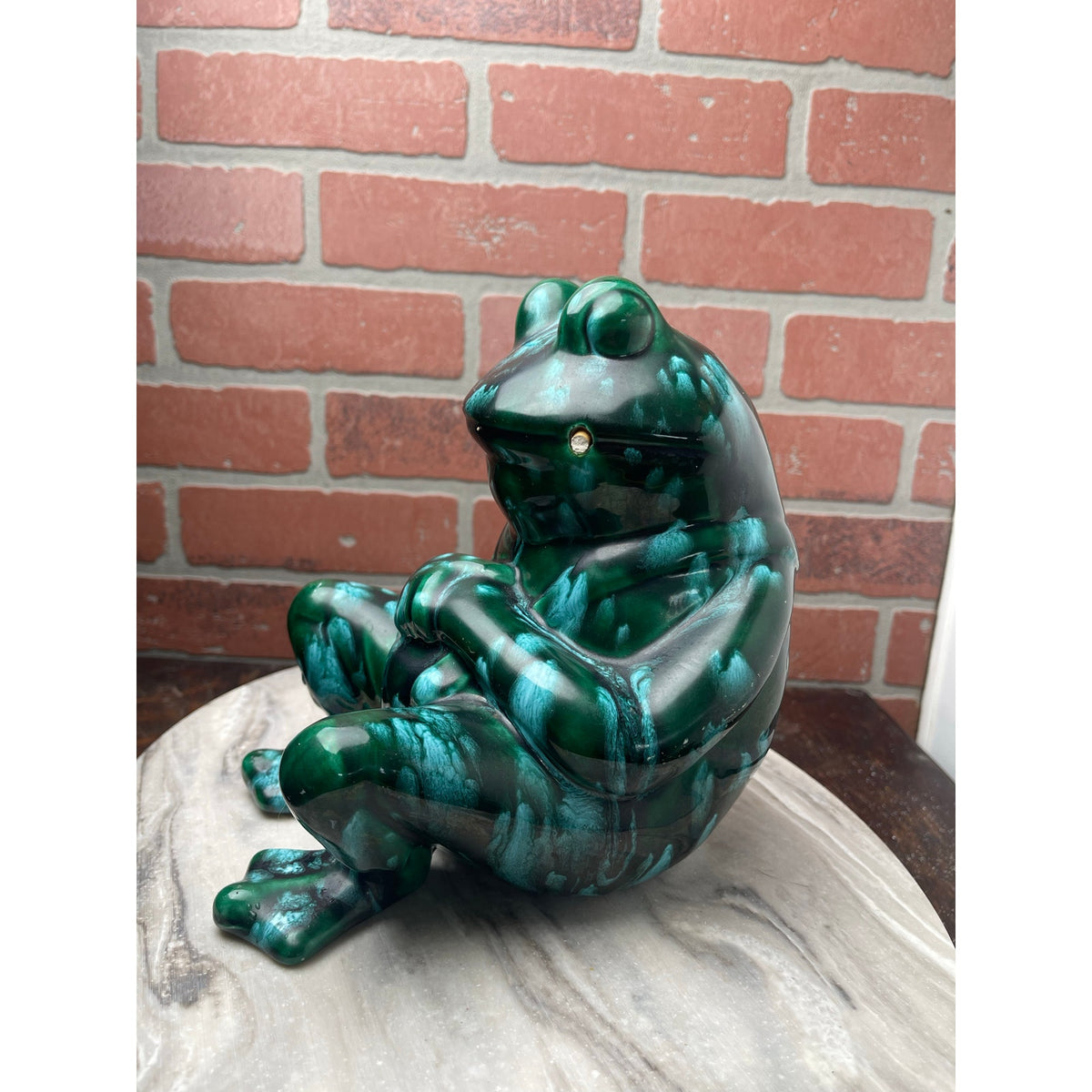 Figurine Frog Statue Large 8" Emerald Green Drip Glaze Ceramic MCM BOHO VTG