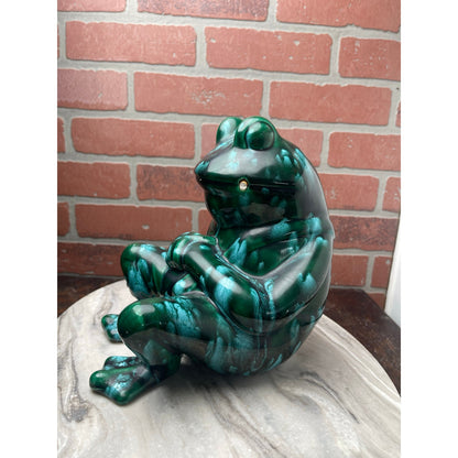 Figurine Frog Statue Large 8" Emerald Green Drip Glaze Ceramic MCM BOHO VTG