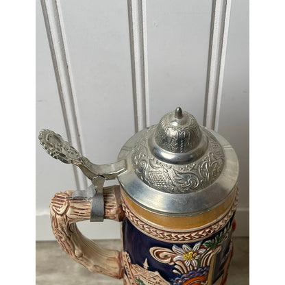 Beer Stein Gerz West Germany Musical  Pewter Lid 10" Relief Blue VTG MCM Tavern