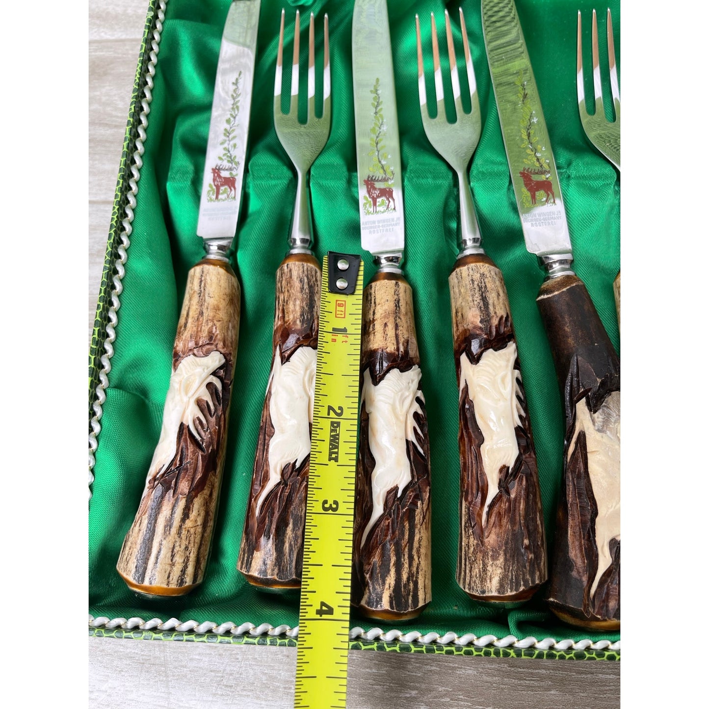 Steak Knife Fork Anton Wingen Jr Solingen Germany Stag Antler Carved 8pc VTG