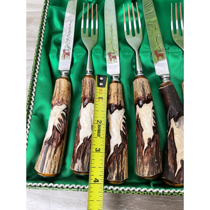 Steak Knife Fork Anton Wingen Jr Solingen Germany Stag Antler Carved 8pc VTG