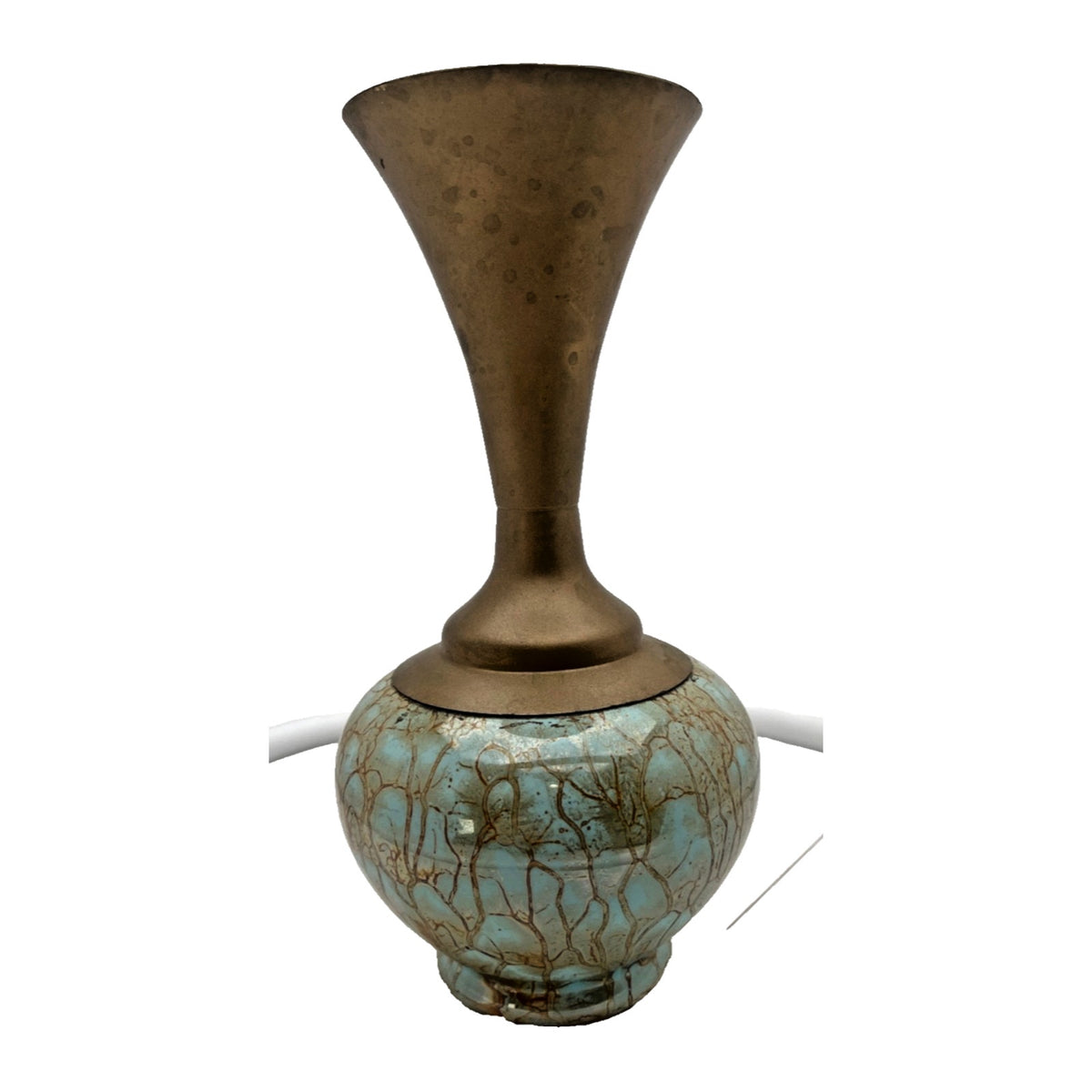 Bud Vase Delft Holland Turquoise Crackle Brass Hand Painted Vintage 1950s MCM