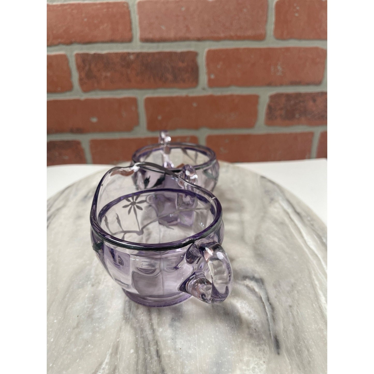 Sugar and Creamer Glass Set Lavender Purple Silver Floral Vintage 1930s MCM