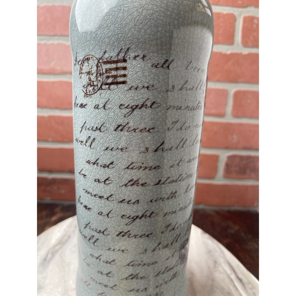 Wine Bottle Vase Blue Gray Script Scripted Pottery Ceramic Large Lords Prayer