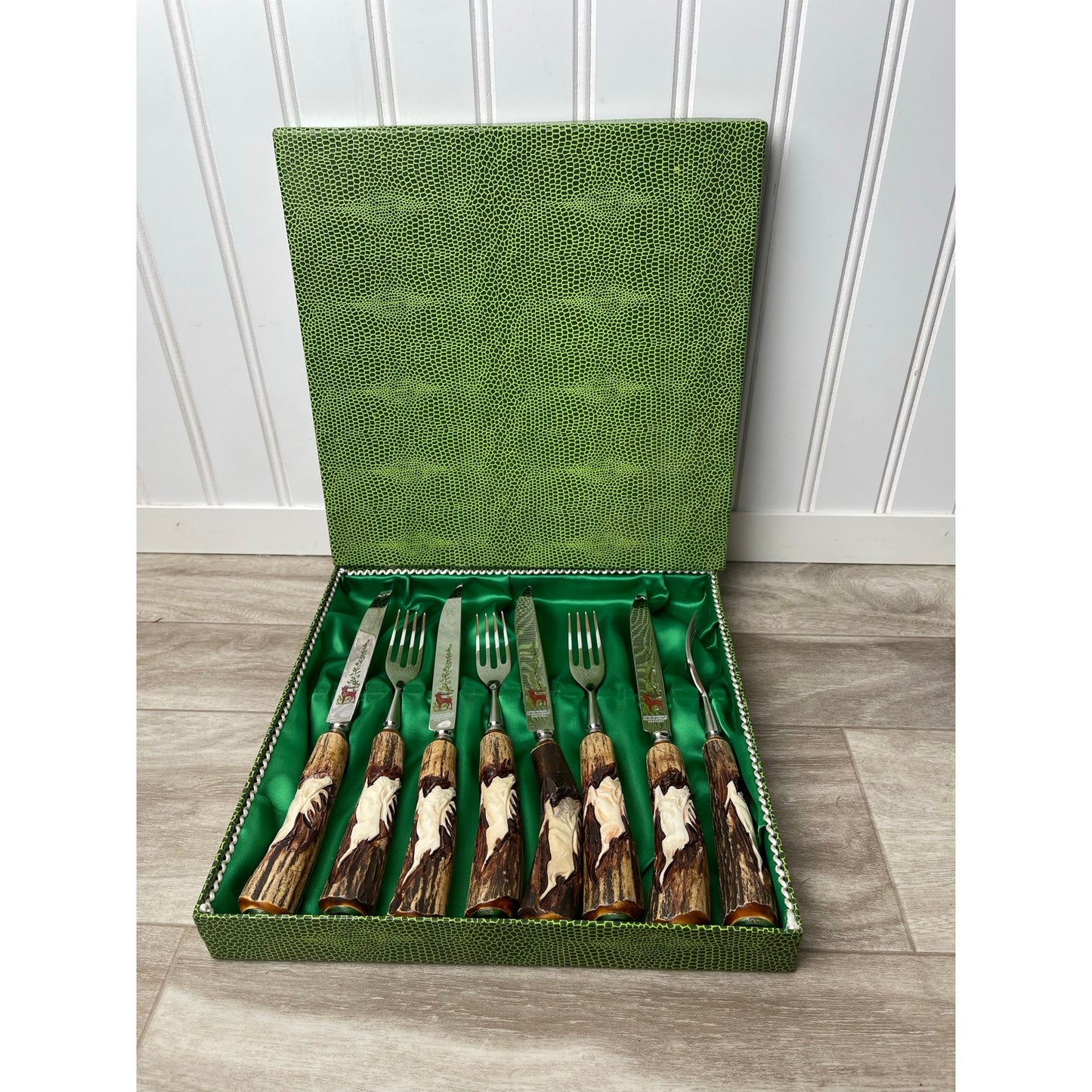 Steak Knife Fork Anton Wingen Jr Solingen Germany Stag Antler Carved 8pc VTG