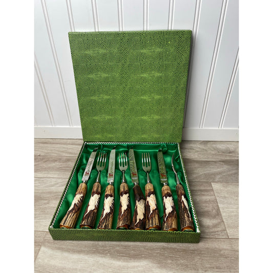 Steak Knife Fork Anton Wingen Jr Solingen Germany Stag Antler Carved 8pc VTG