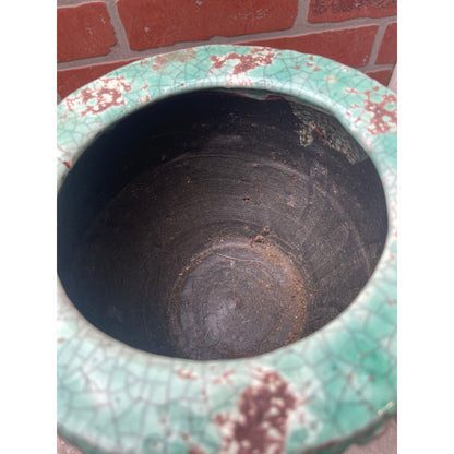 Planter Teal Green Crackle Glaze Distressed Textured Petal Ceramic VTG