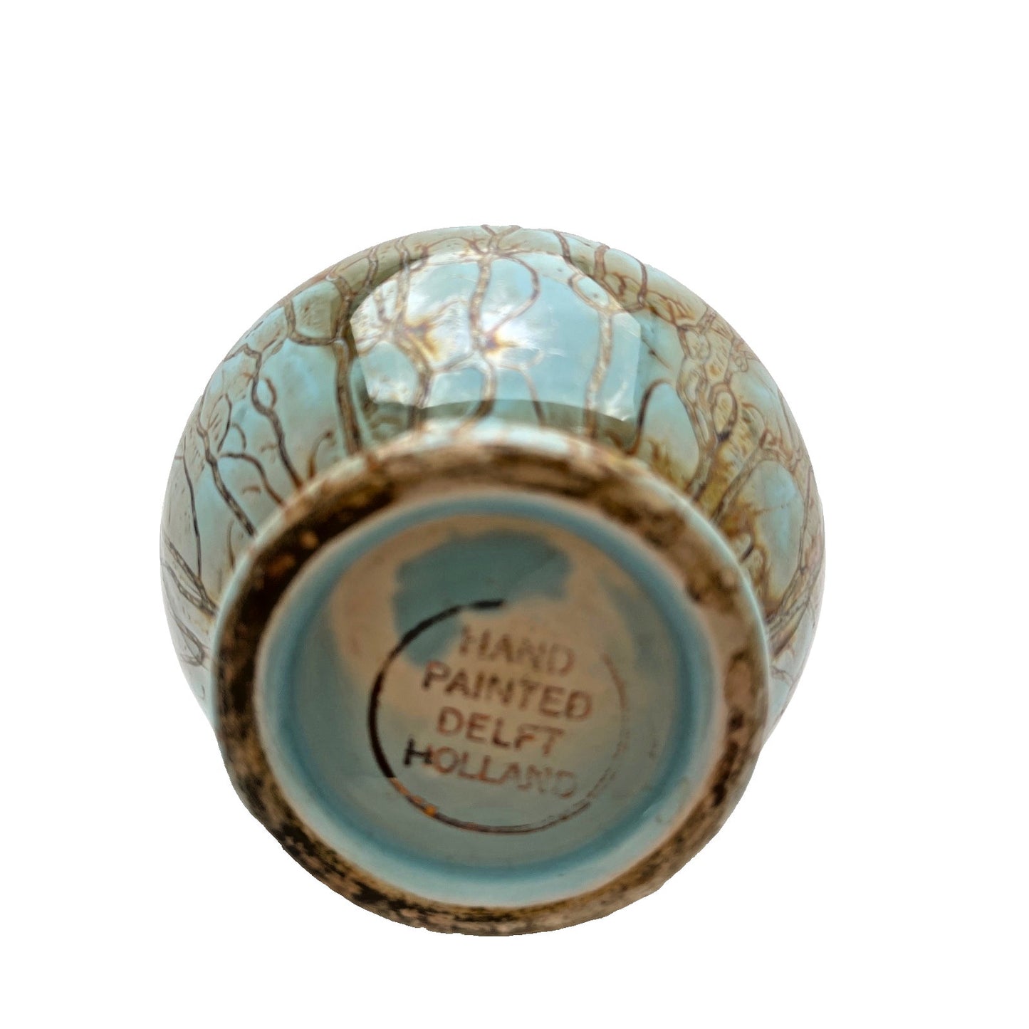 Bud Vase Delft Holland Turquoise Crackle Brass Hand Painted Vintage 1950s MCM
