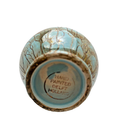 Bud Vase Delft Holland Turquoise Crackle Brass Hand Painted Vintage 1950s MCM