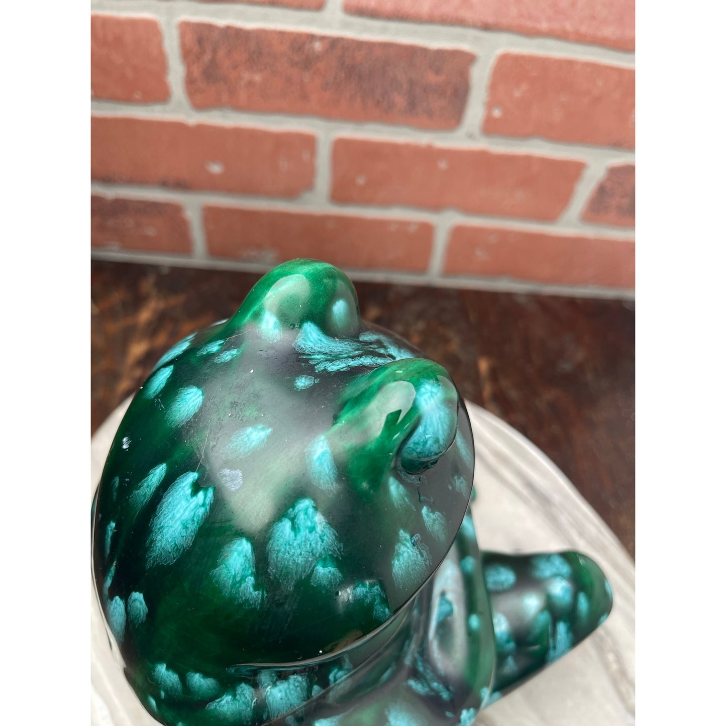 Figurine Frog Statue Large 8" Emerald Green Drip Glaze Ceramic MCM BOHO VTG