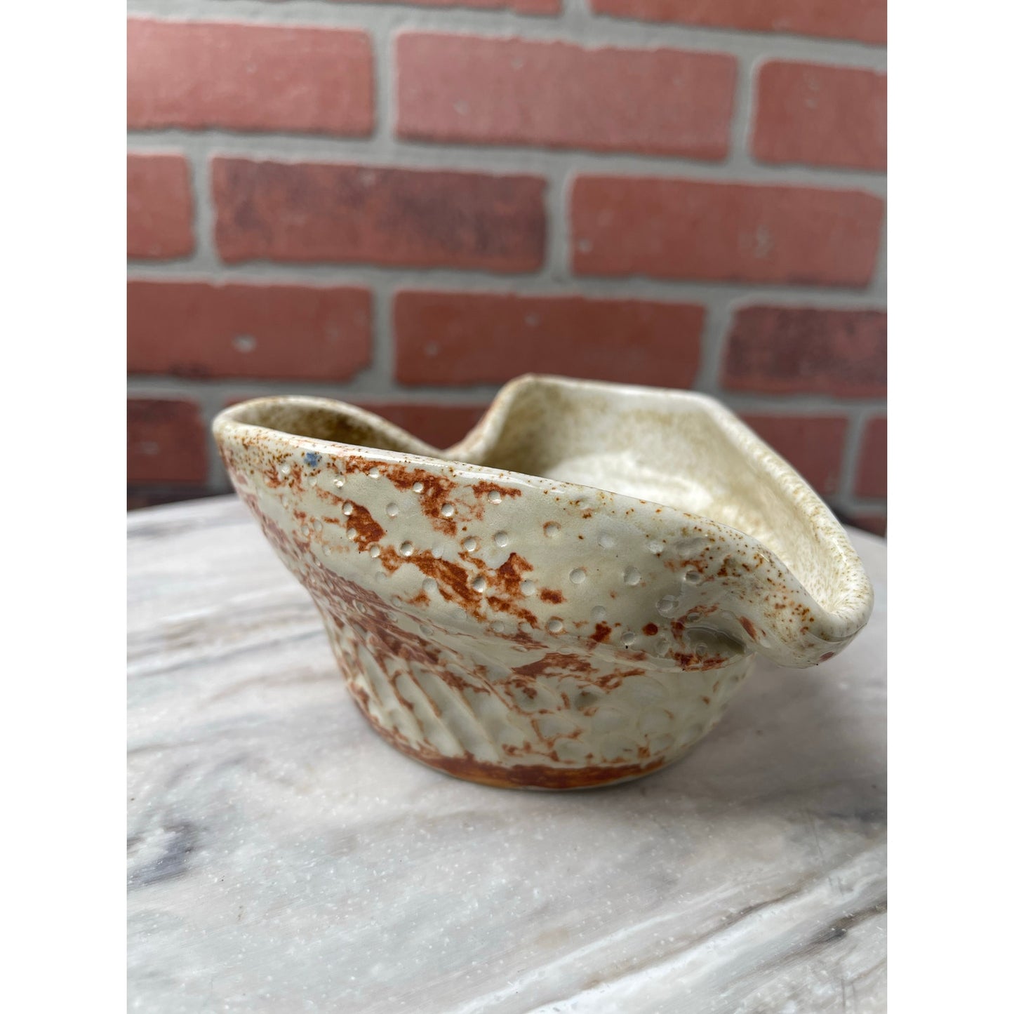Bowl - Pink White Speckled, Studio Pottery Heart Shape Dimpled Texture, Vintage