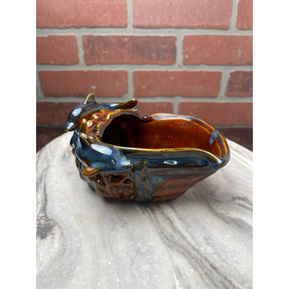 Dolphin Conch Shell Planter Trinket Dish 8" Brown Teal Drip GlZ Repaired VTG MCM