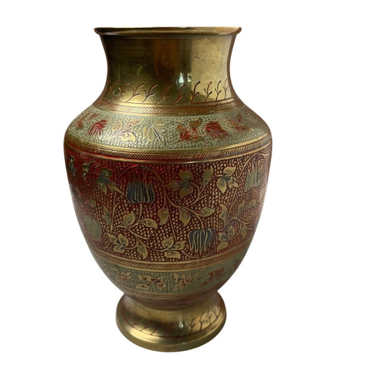 Brass Vase Hand-Etched Enameled Made in India Red Gold Floral Boho Decor VTG