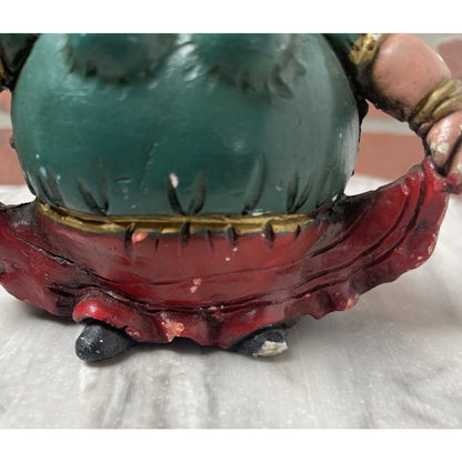 Mexican Gordita Figurine Clay Woman Green Red Dress Folk Art Vintage