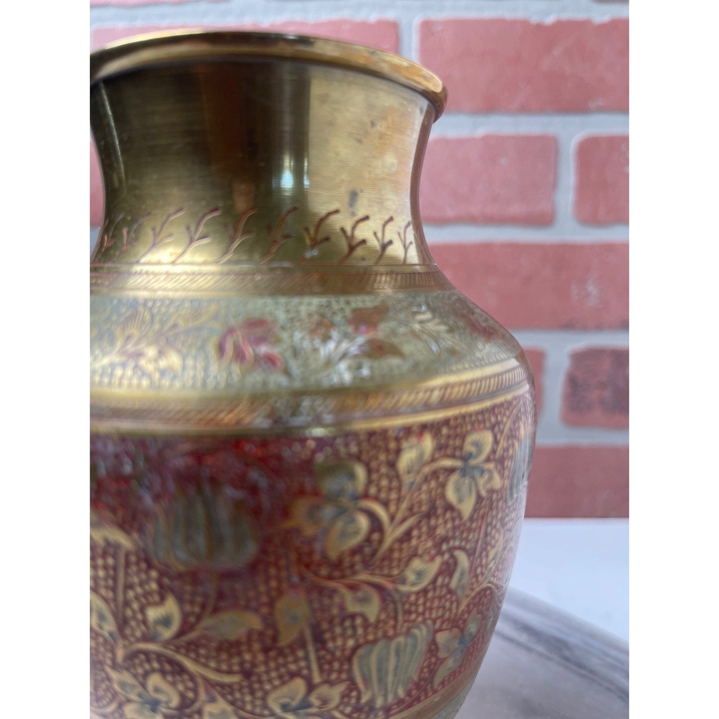 Brass Vase Hand-Etched Enameled Made in India Red Gold Floral Boho Decor VTG