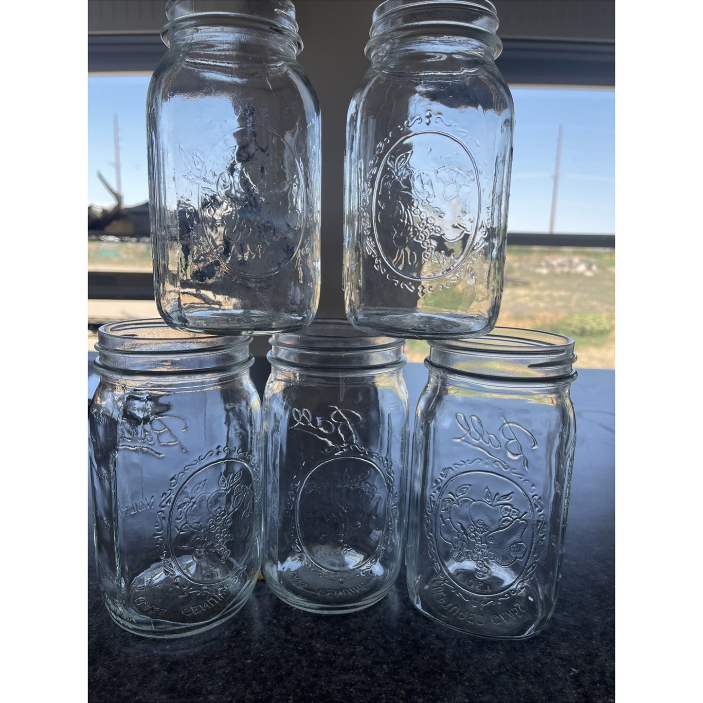 Ball Sculptured Glass Fruit Mason Jars 24 oz Clear Wide Regular Mouth 5pc Vintage