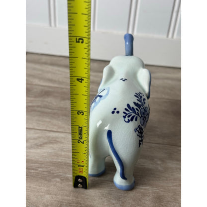 Elephant Figurine Delfts Blauw Blue White Hand Painted Windmill Floral VTG