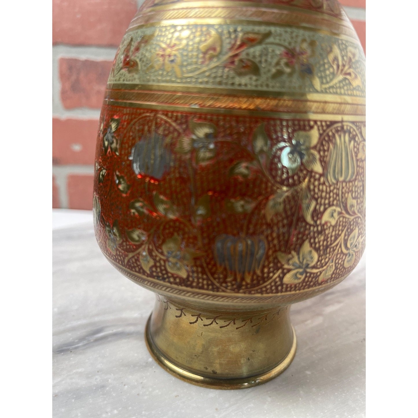 Brass Vase Hand-Etched Enameled Made in India Red Gold Floral Boho Decor VTG