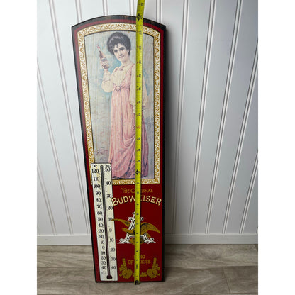 Budweiser VTG George Nathan Wood Thermometer Sign 24" King of Beers Bar Decor
