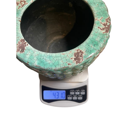 Planter Teal Green Crackle Glaze Distressed Textured Petal Ceramic VTG