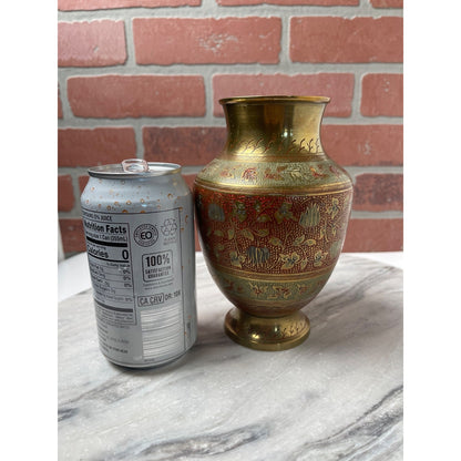 Brass Vase Hand-Etched Enameled Made in India Red Gold Floral Boho Decor VTG