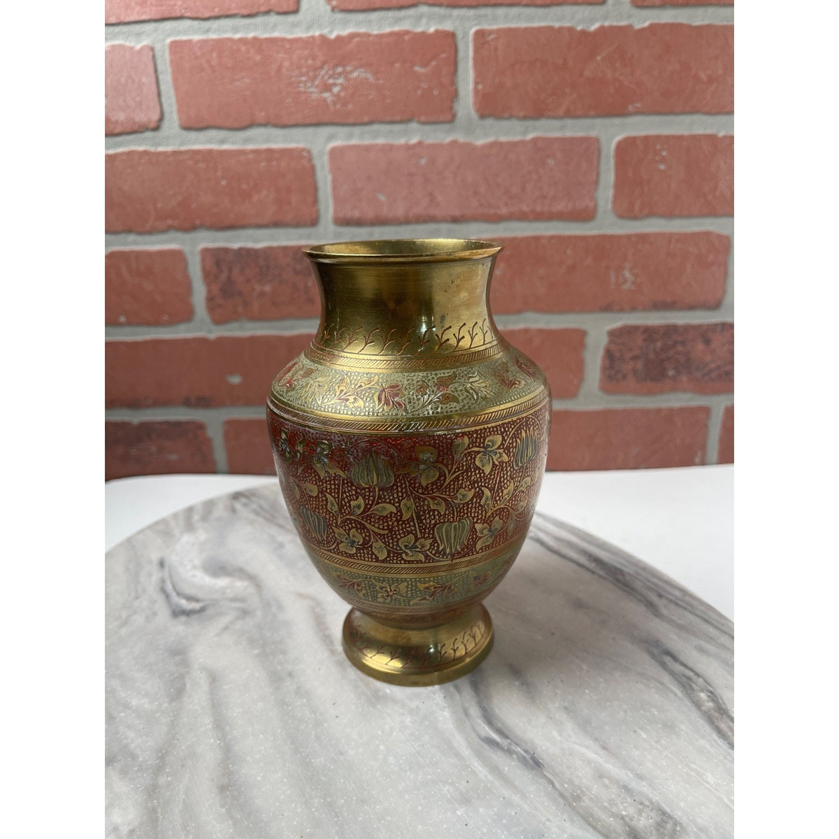 Brass Vase Hand-Etched Enameled Made in India Red Gold Floral Boho Decor VTG