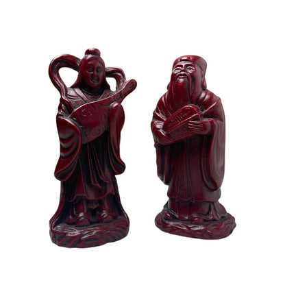 Figurines Chinese Wise Men Musicians Faux Cinnabar Resin Red Asian Decor VTG
