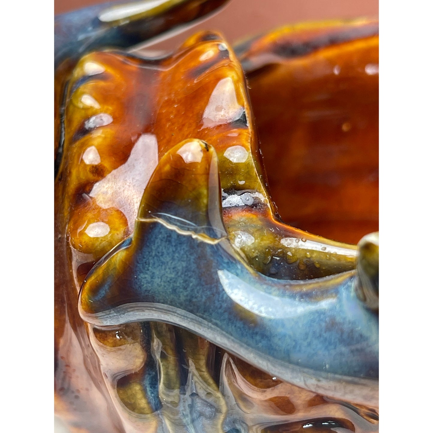 Dolphin Conch Shell Planter Trinket Dish 8" Brown Teal Drip GlZ Repaired VTG MCM