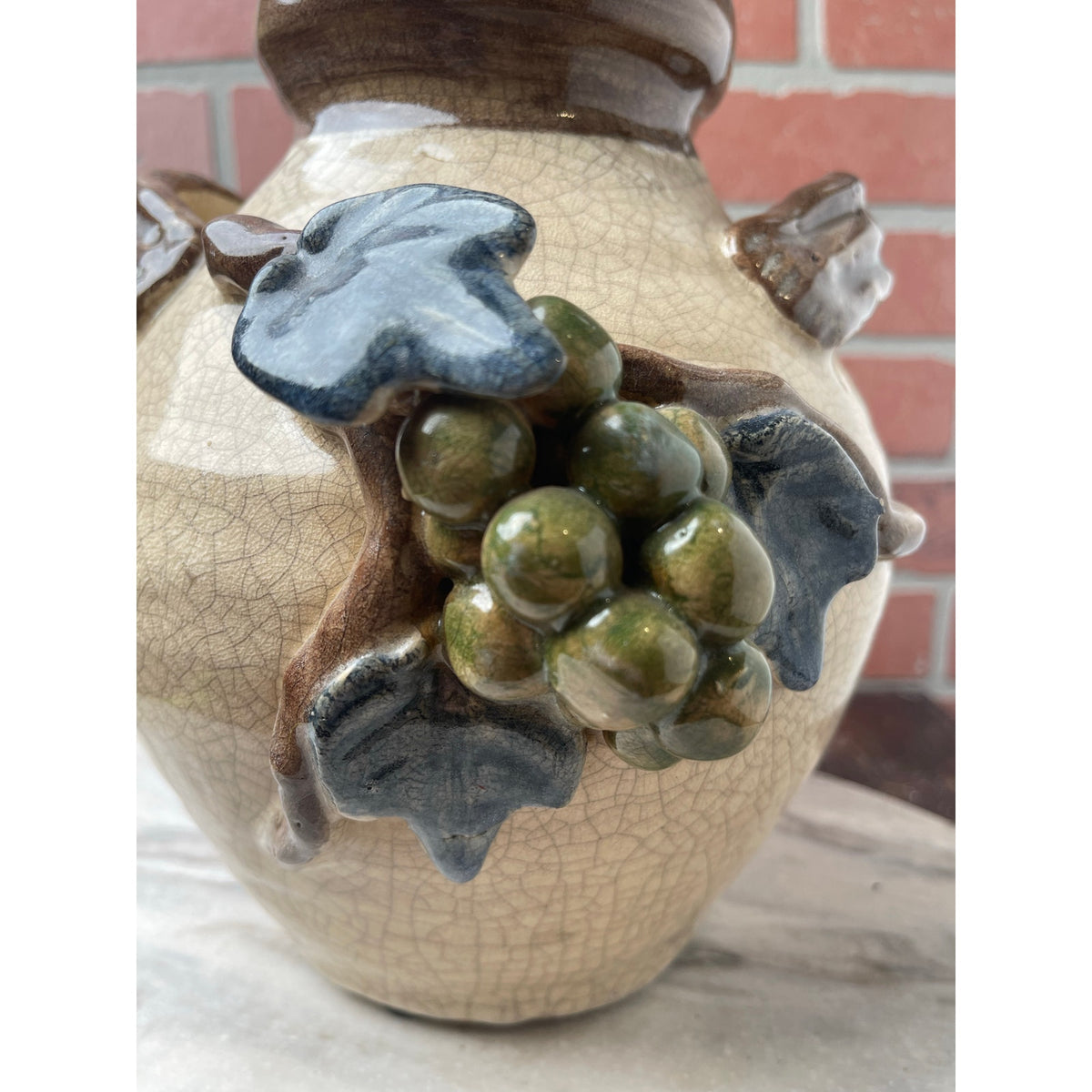 Vase Ginger Jar Majolica Style Grape Vine Pottery 3D Relief Beige Blue Green VTG