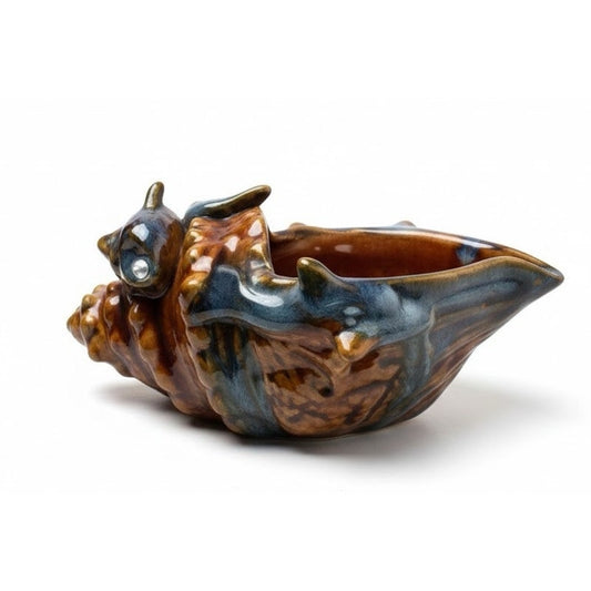 Dolphin Conch Shell Planter Trinket Dish 8" Brown Teal Drip GlZ Repaired VTG MCM