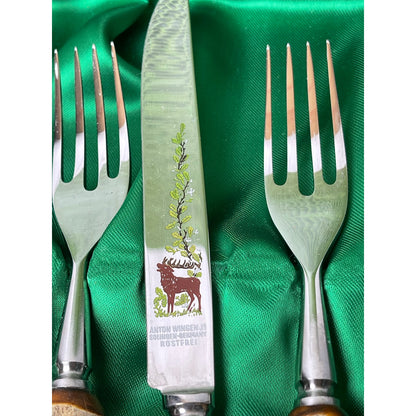 Steak Knife Fork Anton Wingen Jr Solingen Germany Stag Antler Carved 8pc VTG
