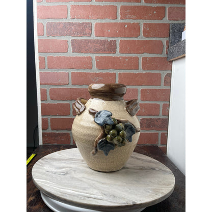 Vase Ginger Jar Majolica Style Grape Vine Pottery 3D Relief Beige Blue Green VTG