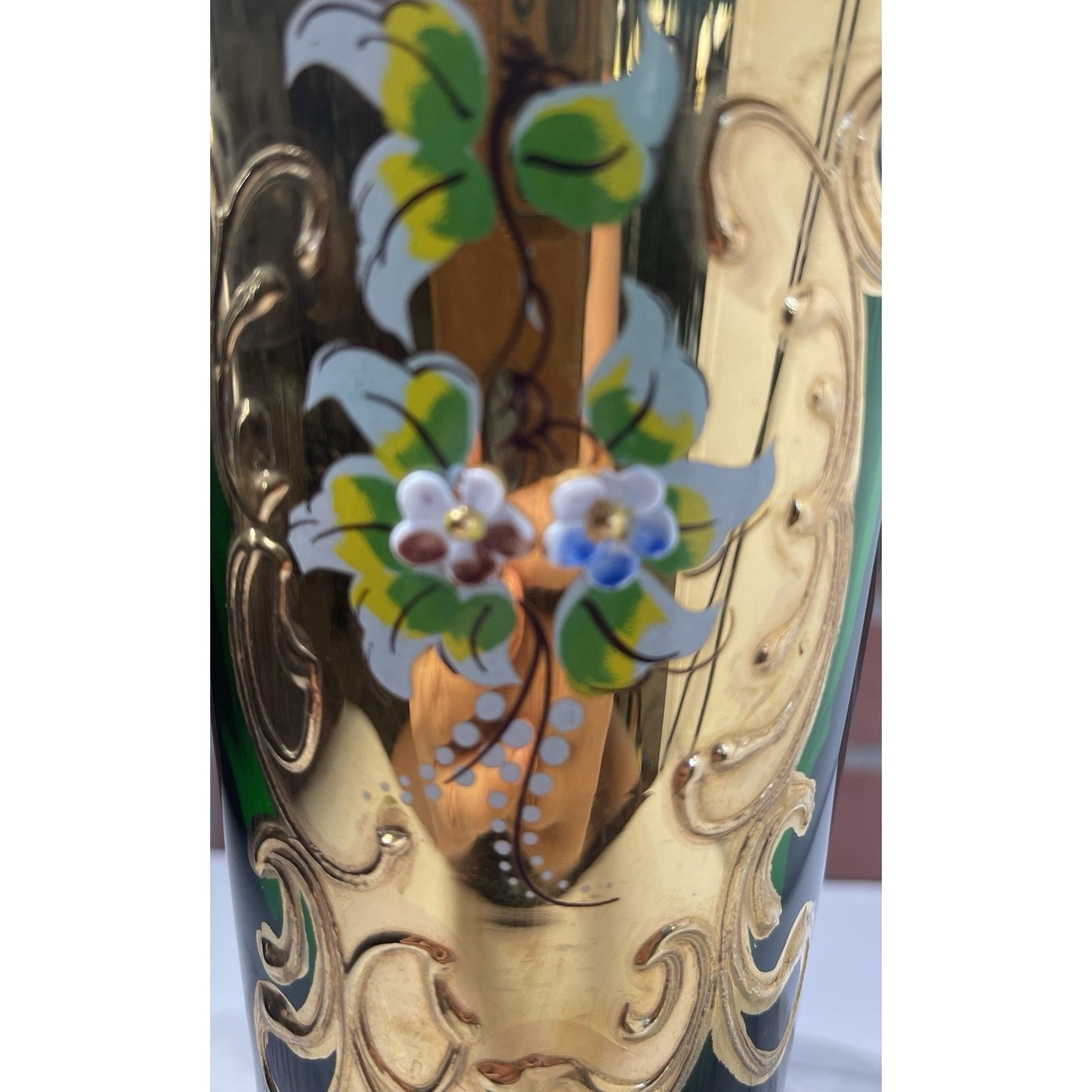Venetian Murano Glass Champagne Flute Tre Fuochi Emerald Green Gold Gilt