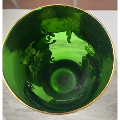 Venetian Murano Glass Champagne Flute Tre Fuochi Emerald Green Gold Gilt
